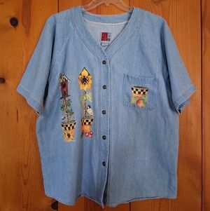 Vintage Sun Belt Denim Raglan Shirt with Appliqued Bird/House Detail